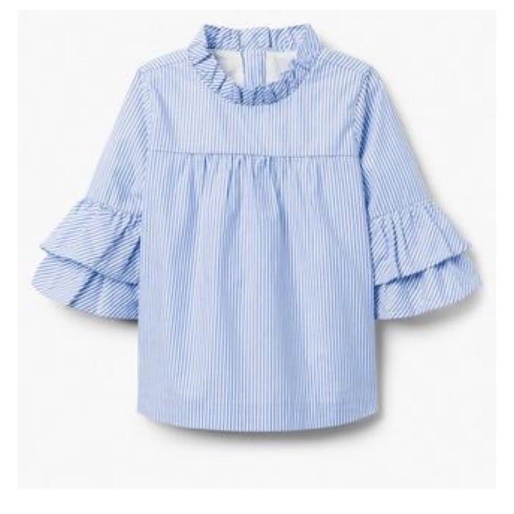 Janie and Jack Girls Blue Cotton Striped Blouse size 6 3/4 Ruffle Sleeves